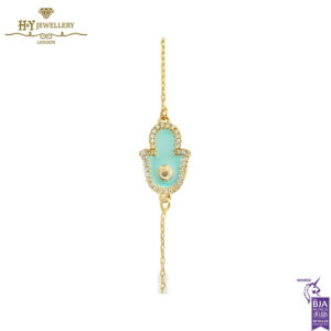 Yellow Gold Brilliant Cut Diamond Blue Fatima Hand Charm Bracelet - 0.27ct-0