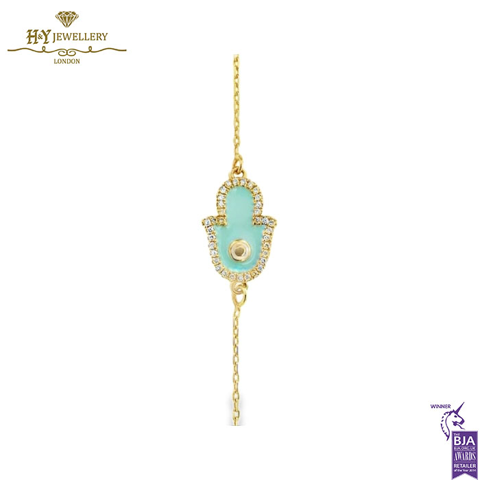 Yellow Gold Brilliant Cut Diamond Blue Fatima Hand Charm Bracelet - 0.27ct-0
