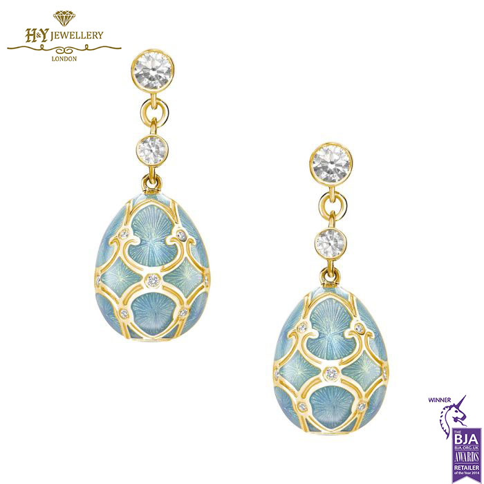 Fabergé Heritage Yellow Gold Diamond & Turquoise Guilloche Enamel Egg Drop Earrings-0