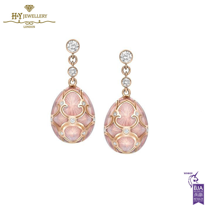 Fabergé Heritage Rose Gold Diamond & Pink Guilloché Enamel Egg Drop Earrings-0