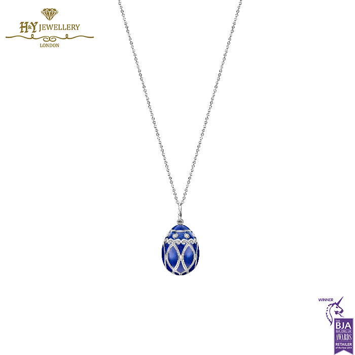 Fabergé Heritage Palais White Gold Diamond & Royal Blue Guilloché Enamel Egg Pendant-15369