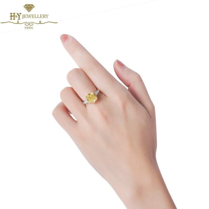 White Gold Cushion Cut Fancy Yellow Diamond & Tapered Cut Diamond Ring - 6.41ct -10354