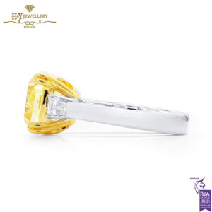 White Gold Cushion Cut Fancy Yellow Diamond & Tapered Cut Diamond Ring - 6.41ct -13580