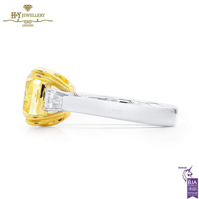 White Gold Cushion Cut Fancy Yellow Diamond & Tapered Cut Diamond Ring - 6.41ct -13580