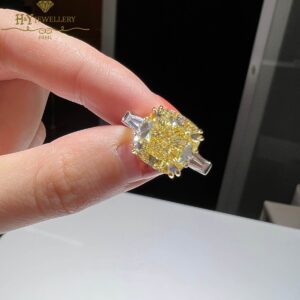 White Gold Cushion Cut Fancy Yellow Diamond & Tapered Cut Diamond Ring - 6.41ct -10356