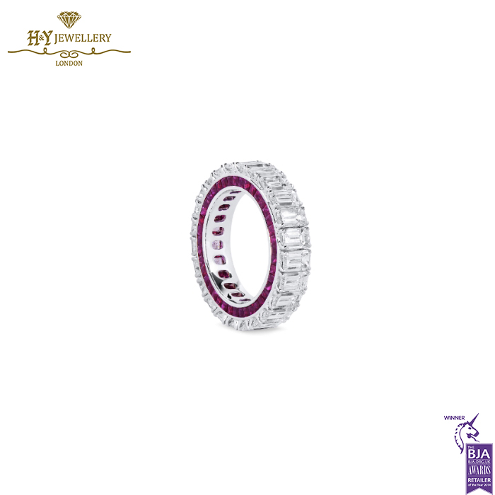 White Gold Emerald Cut Diamond & Ruby Baguette Cut Ring - 10.15ct-14706
