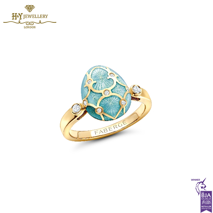 Fabergé Heritage Yellow Gold Diamond & Turquoise Guilloché Enamel Egg Ring -0