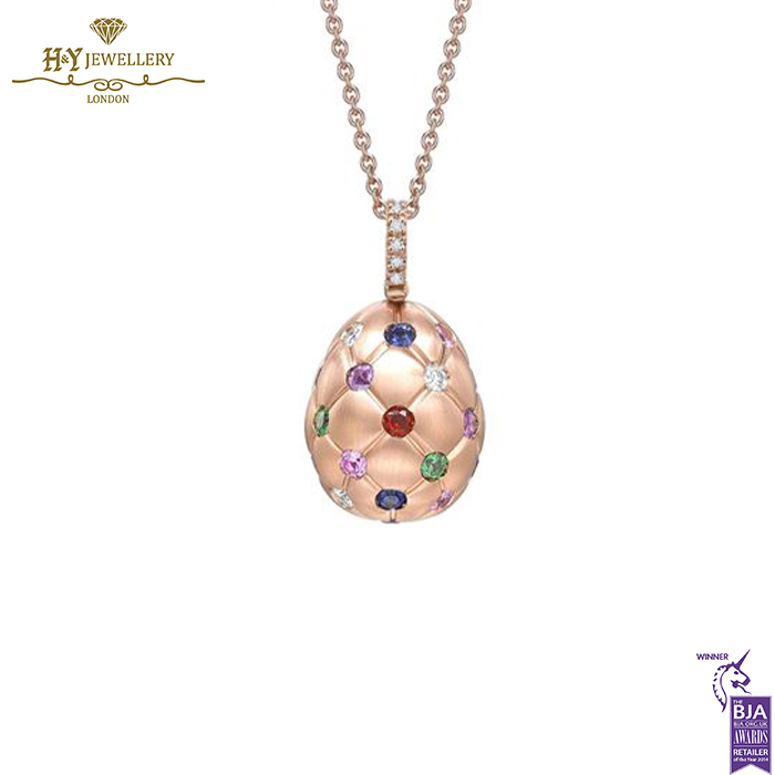 Fabergé Treillage Brushed Rose Gold & Multi Coloured Gemstone Set Egg Pendant -0