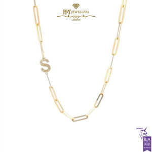 Paper Clip Diamond Initial Necklace (S) Yellow Gold  - 0.17ct-0