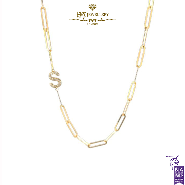 Paper Clip Diamond Initial Necklace (S) Yellow Gold  - 0.17ct-0