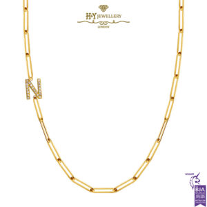 Paper Clip Diamond Initial Necklace (N) Yellow Gold - 0.18ct-0