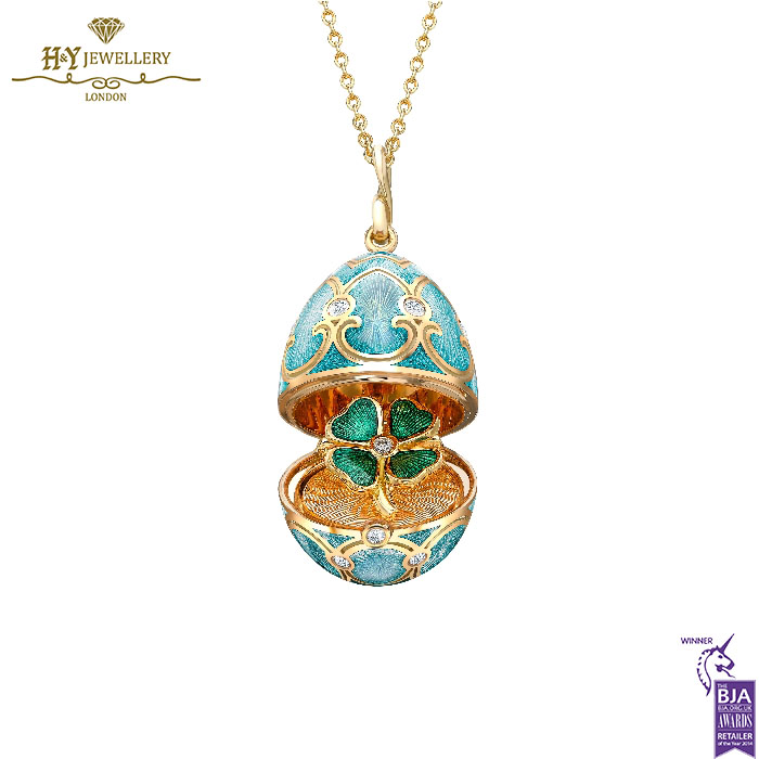 Fabergé Heritage Yellow Gold Diamond & Turquoise Guilloché Enamel Clover Surprise Locket-0