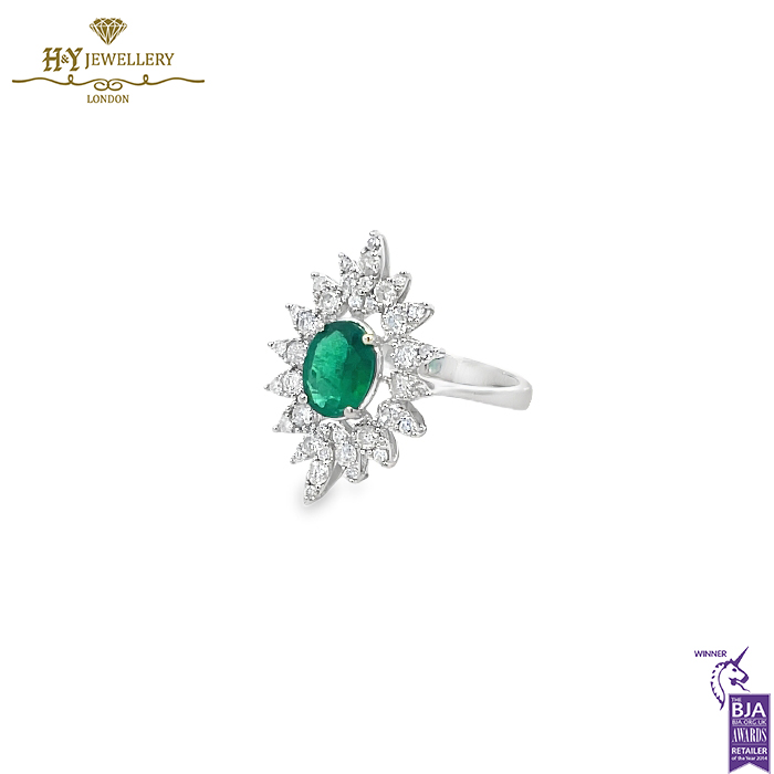 White Gold Oval Cut Emerald with Diamonds Ring - 1.68ct-15461