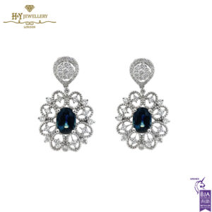 White Gold Oval Cut Sapphire & Brilliant Cut Diamond Earrings - 3.29ct-0