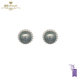 White Gold Tahitian Pearl & Round Cut Diamond Earrings - 0.60ct-0