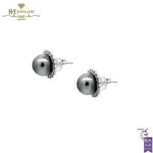White Gold Tahitian Pearl & Round Cut Diamond Earrings - 0.60ct-14517