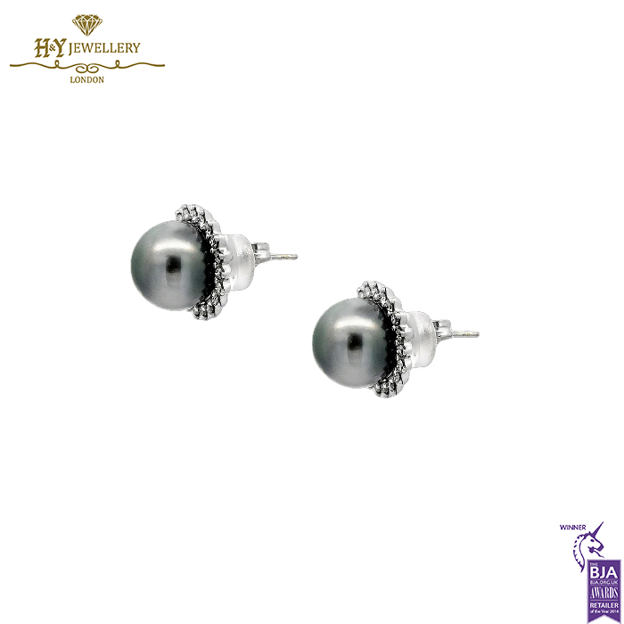 White Gold Tahitian Pearl & Round Cut Diamond Earrings - 0.60ct-14517