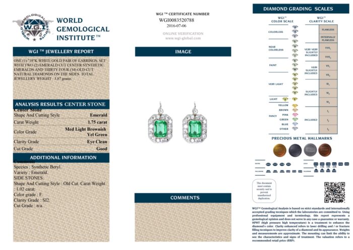 White Gold Emerald Cut Green Emerald & Brilliant Cut Diamond Earrings - 2.77ct-12403