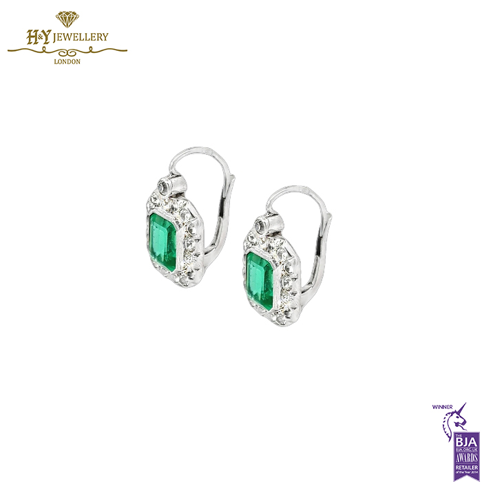 White Gold Emerald Cut Green Emerald & Brilliant Cut Diamond Earrings - 2.77ct-14519