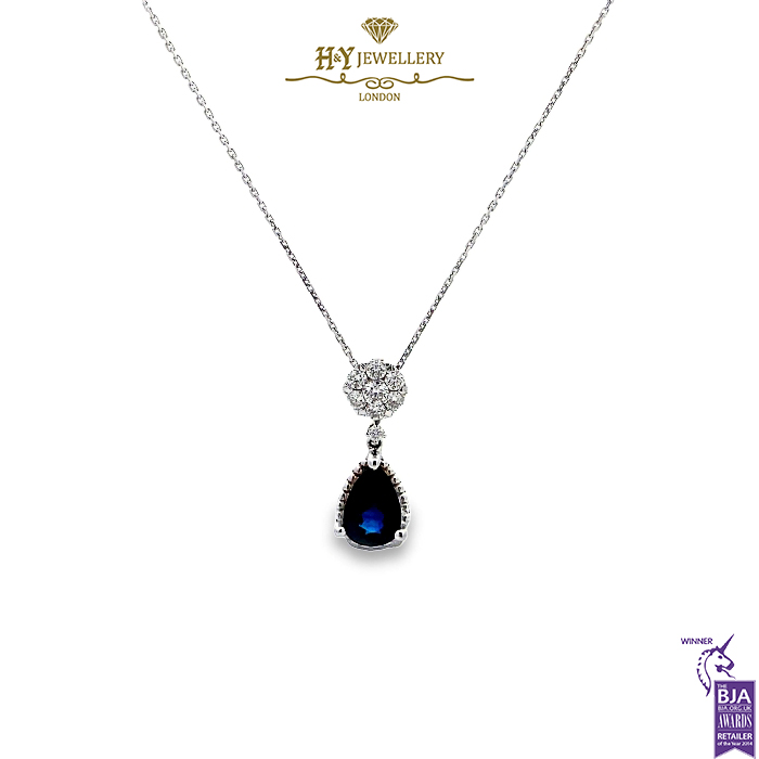 White Gold Pear Cut Sapphire & Brilliant Cut Diamond Pendant - 1.71ct-0