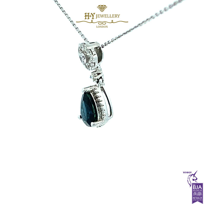 White Gold Pear Cut Sapphire & Brilliant Cut Diamond Pendant - 1.71ct-17341