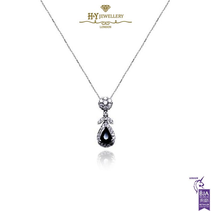 White Gold Pear Cut Sapphire & Brilliant Cut Diamond Pendant - 1.09ct-0
