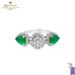 White Gold Pear Cut Emerald & Brilliant Cut Diamond Ring - 0.70ct-0