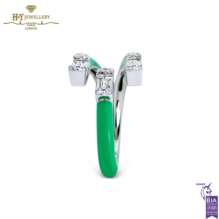 White Gold Claw Baguette Diamond Green Enamel Ring - 0.35ct-16920