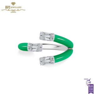 White Gold Claw Baguette Diamond Green Enamel Ring - 0.35ct-0