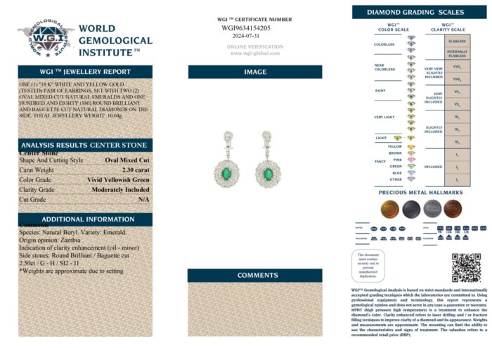 White & Yellow Gold Oval Cut Zambian Emerald & Mix Cut Diamond Earrings - 4.80ct-13399