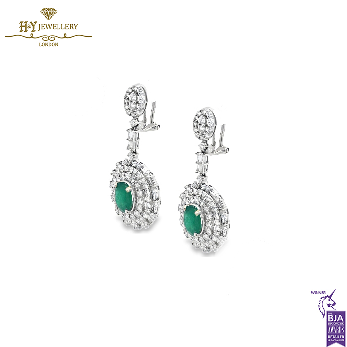 White & Yellow Gold Oval Cut Zambian Emerald & Mix Cut Diamond Earrings - 4.80ct-14533
