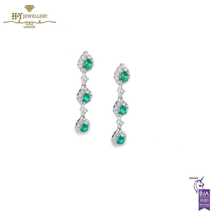 Platinum Pear Cut Colombian Emerald & Round Cut Diamond Earrings - 2.72ct-14535