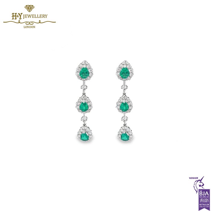 Platinum Pear Cut Colombian Emerald & Round Cut Diamond Earrings - 2.72ct-0