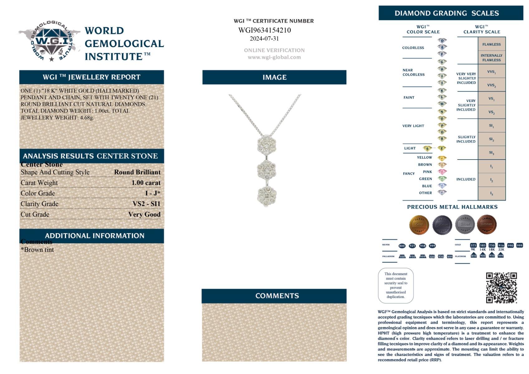 White Gold Round Brilliant Cut Diamond Pendant - 1.00ct-13407