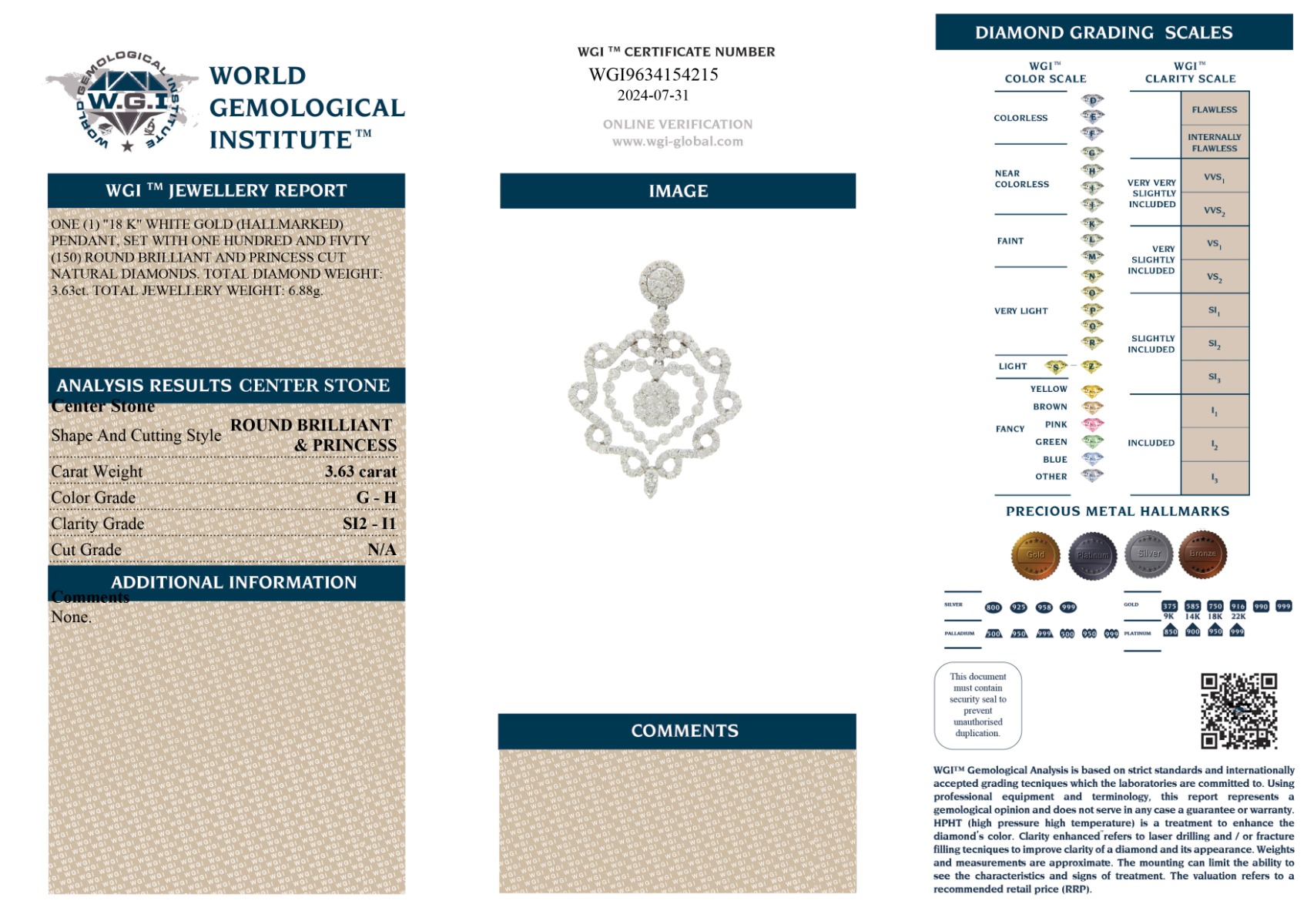 White Gold Mix Cut Diamond Pendant - 3.63ct-13394