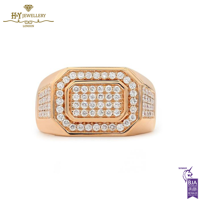 Block Mens Ring Round Cut Diamond Rose Gold - 0.92ct-0