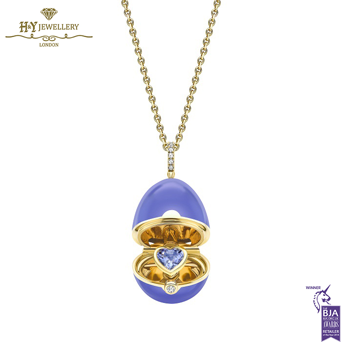 Fabergé Essence Yellow Gold, Diamond & Blue Sapphire Heart Surprise Locket with Lavender UV Enamel-14855