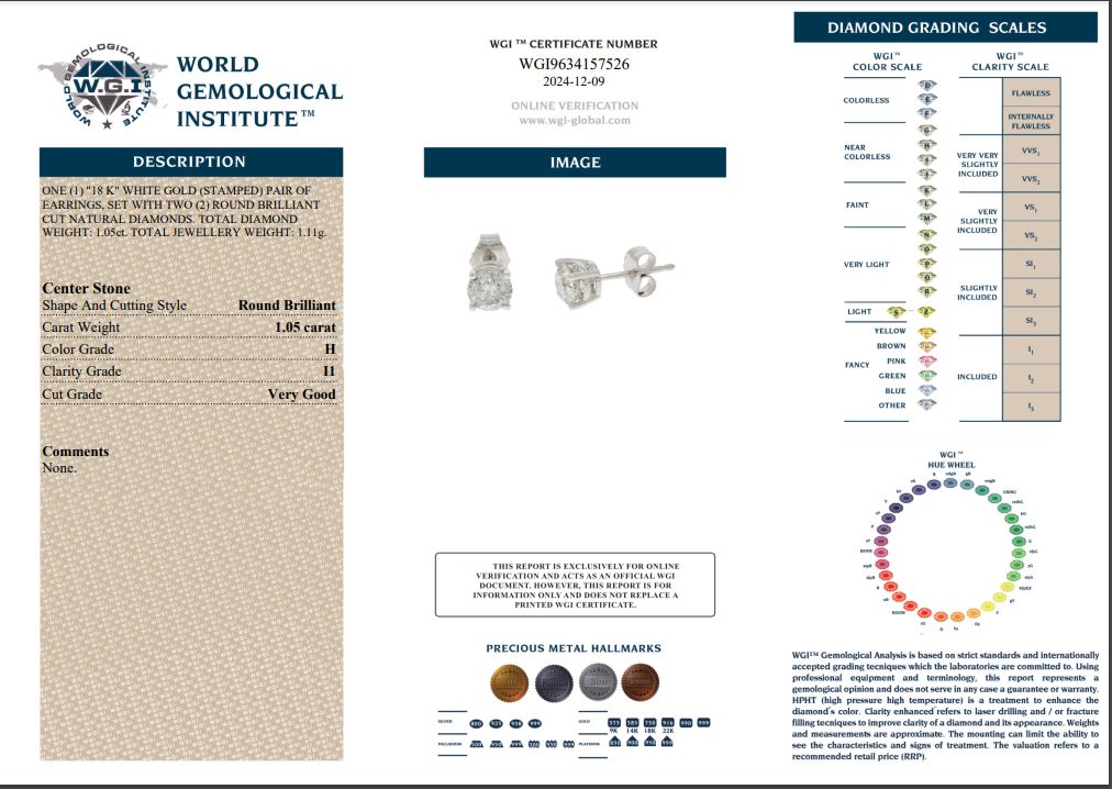 Solitare Diamond Stud Earrings White Gold - 1.05ct -15183