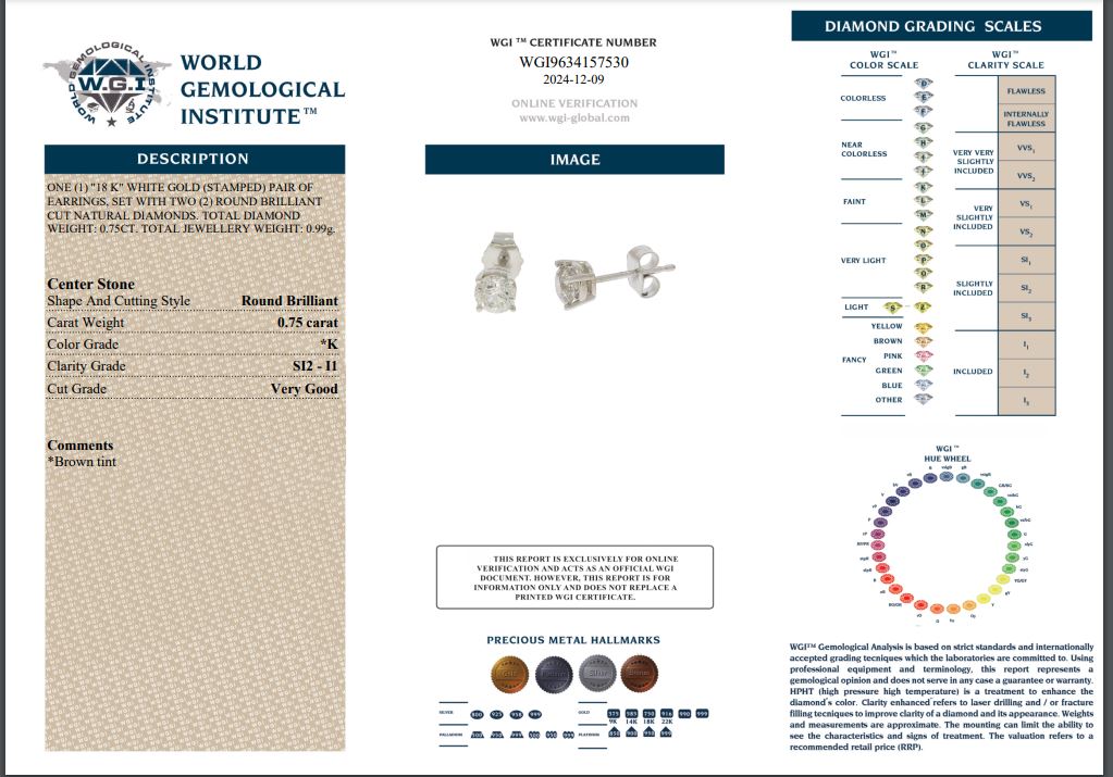 Solitare Diamond Stud Earrings White Gold - 0.75ct-15329