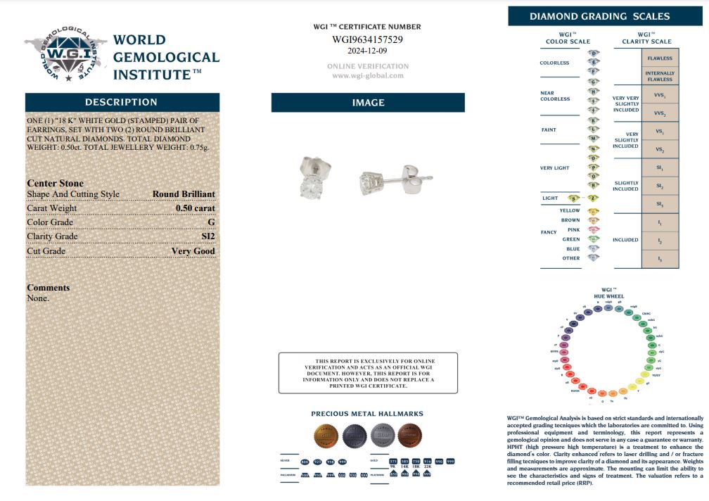 Solitare Diamond Stud Earrings White Gold - 0.50ct-15331