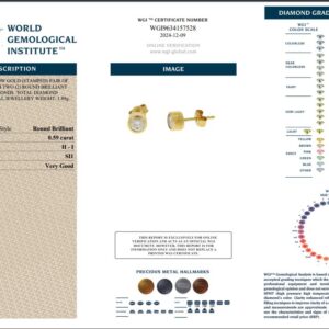 Solitare Diamond Stud Earrings Yellow Gold - 0.59ct-15332