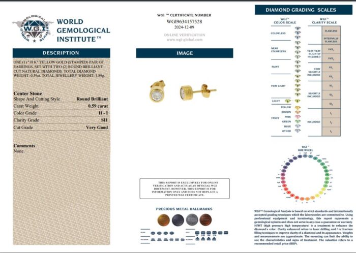 Solitare Diamond Stud Earrings Yellow Gold - 0.59ct-15332