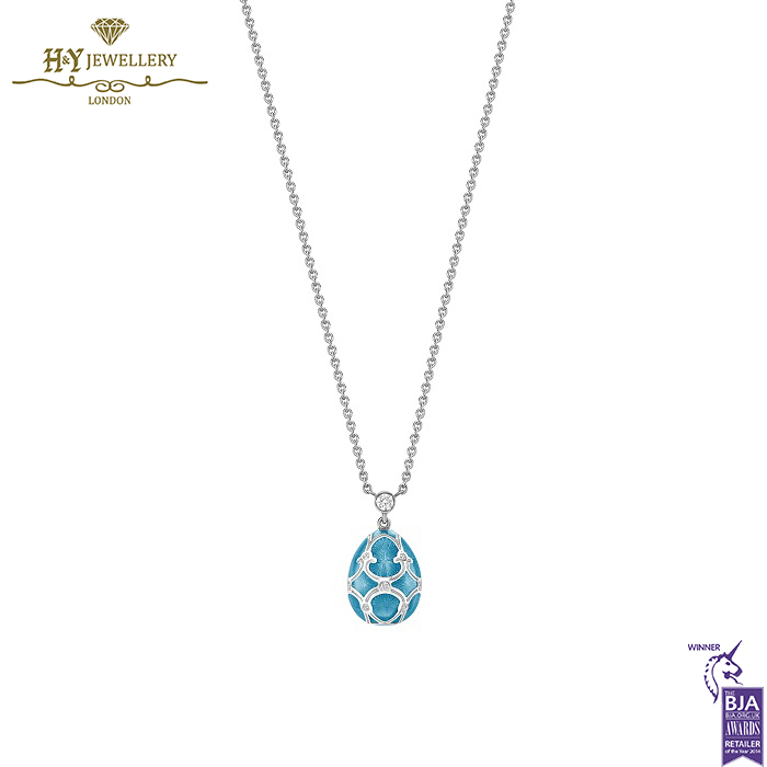 Heritage White Gold Diamond & Teal Guilloché Enamel Petite Egg Pendant-14934