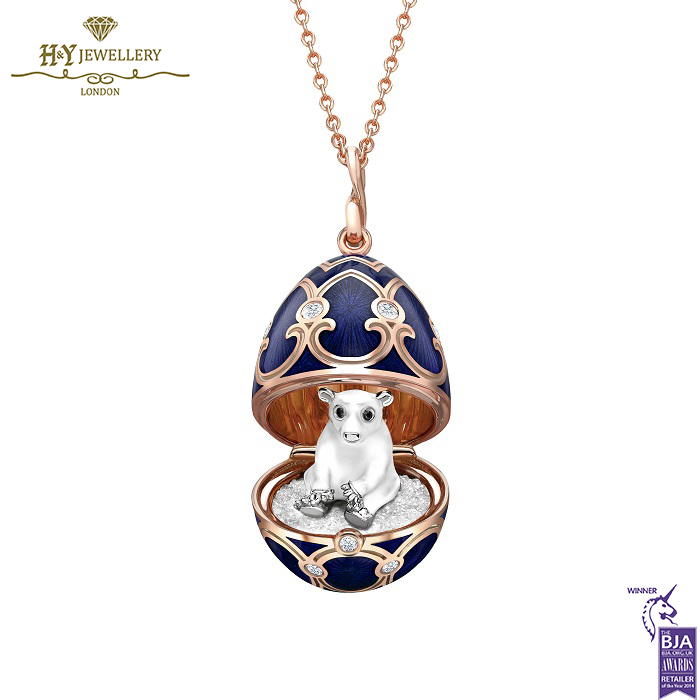 Heritage Rose Gold Dark Blue Guilloché Enamel Polar Bear Surprise Locket-0