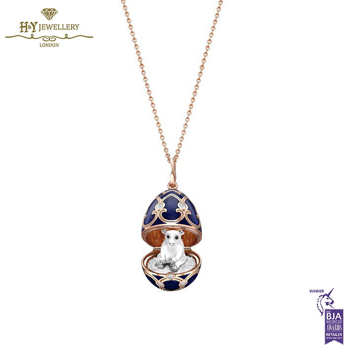 Heritage Rose Gold Dark Blue Guilloché Enamel Polar Bear Surprise Locket-14936