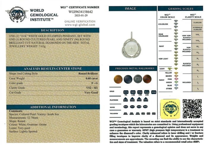 White Gold Pendant South Sea Pearl & Round Brilliant Cut - 0.60ct-16456