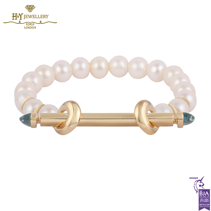 Ananya Chakra Bead Wristwear Yellow Gold Blue Topaz Bead & Pearl - 1.25ct-0