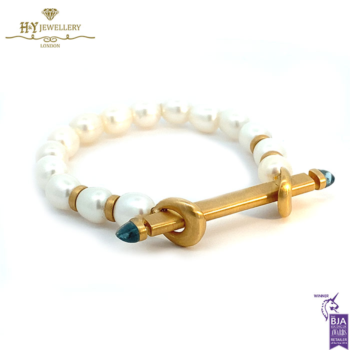 Ananya Chakra Bead Wristwear Yellow Gold Blue Topaz Bead & Pearl - 1.25ct-17330