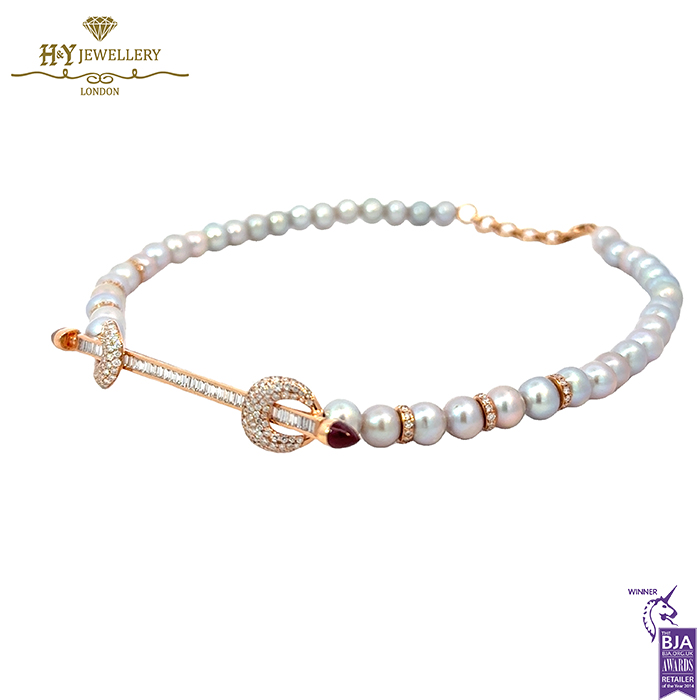 Ananya Chakra Bead Necklace Rose Gold, Grey Pearl, Ruby & Diamond - 2.38ct -16638