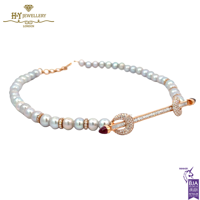 Ananya Chakra Bead Necklace Rose Gold, Grey Pearl, Ruby & Diamond - 2.38ct -16639
